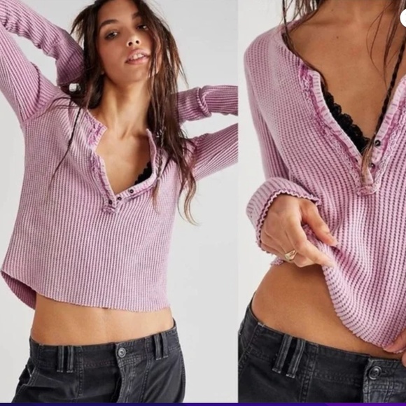 NWT Free People FP One Colt Thermal Waffle Mauve Top Distressed - Picture 1 of 11